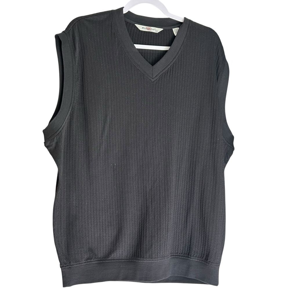 Windsor Lake Vest Black Ribbed SZ LG V-Neck Silk Cotton Blend Cable Tight Knit